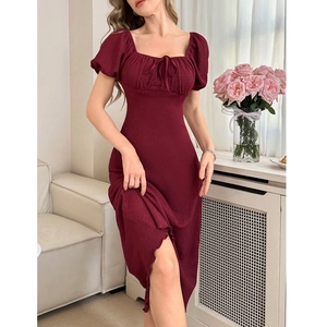 Elegant wine red off-the-shoulder midi dress with puff sleeves and square neckline