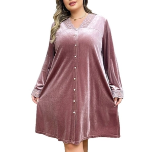 Elegant plus size velvet nightgown in dusty pink with lace trim and pearl buttons