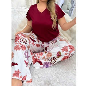 Women's plus size home wear set featuring v-neck burgundy top and floral print trousers