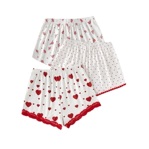 Damen Schlafshorts-Set im 3er-Pack mit Herzprint und roter Spitzenverzierung