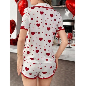 Women's heart print pajama set with short sleeve top and shorts in rib knit fabric