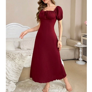 Elegant wine red off-shoulder midi dress with puffed sleeves and smocked bodice detail