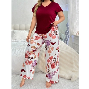Women's burgundy V-neck short sleeve pajama set with colorful floral print pants