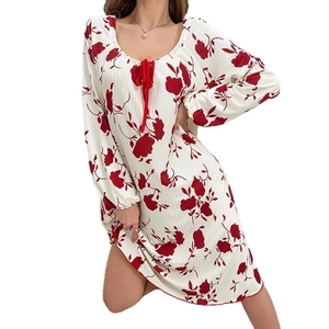 Floral print long sleeve crew neck dress in cream with red flowers for casual loungewear