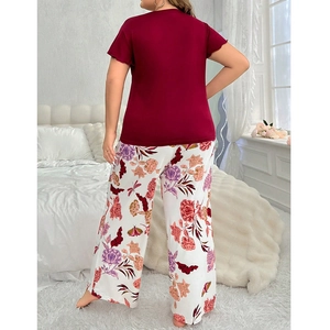 Women's plus size home wear set with burgundy short sleeve top and floral wide leg pants