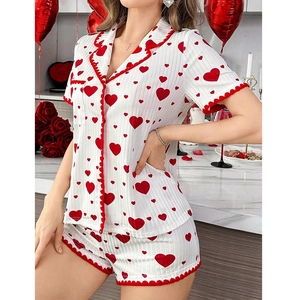 Women heart print pajamas set with short sleeve button-down shirt and matching shorts