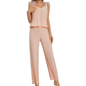 Women's pink lace V-neck camisole and wide-leg trousers two-piece pajama set