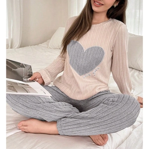 Women's pink long sleeve loungewear set with heart embroidery and love you text