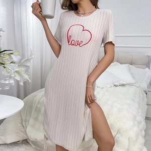 Short sleeve ribbed knit heart print pajama dress in beige with drawstring side slit