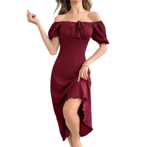 Burgundy off-shoulder midi dress with puff sleeves and ruffled slit hem on white background