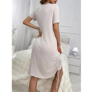 Short sleeve ribbed knit pajama dress in cream white with adjustable side drawstring detail