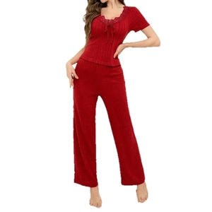 Pigiama rosso in maglia a costine con pizzo e pantaloni lunghi per donna