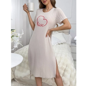 Off-white ribbed knit pajama dress with red heart embroidery and stylish side slit