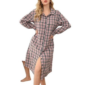 Pink and grey plaid long sleeve pajama shirt dress with classic collar and button-down front
