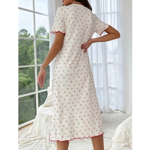 White short sleeve nightgown with cherry print and red wavy edges for summer home wear