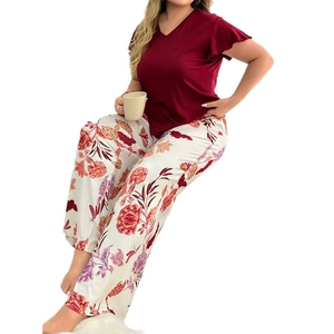 Women's V-neck floral pajama set with burgundy short sleeves and light trousers