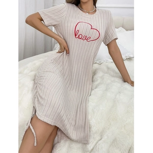 Short sleeve ribbed knit beige nightdress with heart embroidery and side drawstring detail
