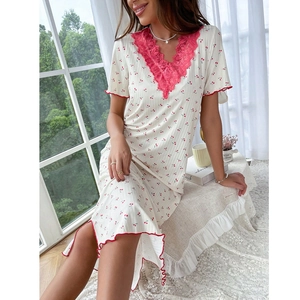 Lace V-neck cherry print nightgown with short sleeves and feminine ruffled hem design