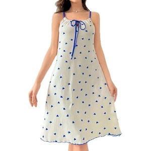 Sexy cream white slip sleepwear dress with blue heart print and bow detail