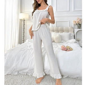 Women's backless white lace pajama set with polka dot jacquard and ruffle trim