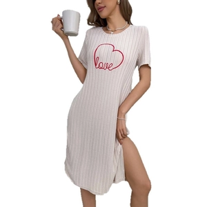 Women's cream ribbed knit sleepwear dress with short sleeves and red heart love print