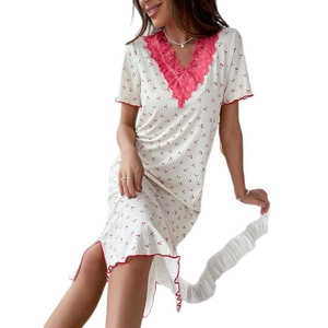 Sweet white cherry print lace nightdress with ruffled hem and V-neck for women