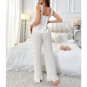 White Swiss dot pajama set with lace ruffles and backless camisole top for women