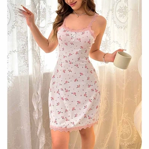 Floral lace slip nightdress for women featuring pink flower patterns and trim