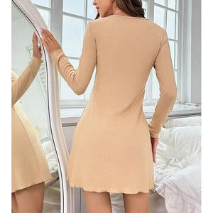 Elegant ribbed knit long sleeve sleepwear dress in apricot with mirror reflection view