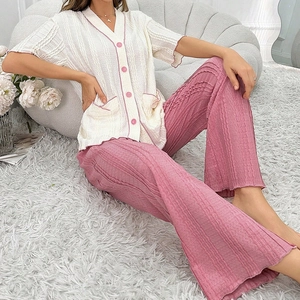 Women's V-neck short sleeve pajamas set with contrast trim and pleated texture pants