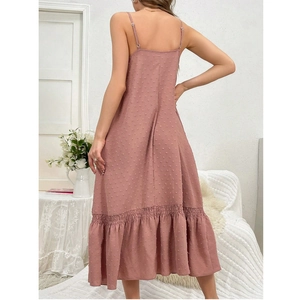 Pink backless midi slip dress with Swiss dot texture and ruffled hem for summer wear