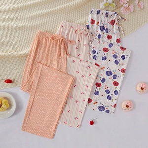 Three-piece set of floral print pajama pants with elastic drawstring waist for women