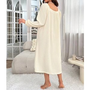 Elegant cream square neck long sleeve loungewear dress with ribbed texture finish