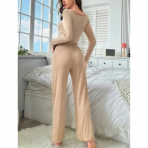 Women's 2-piece ribbed loungewear set with V-neck long sleeve top and wide-leg pants