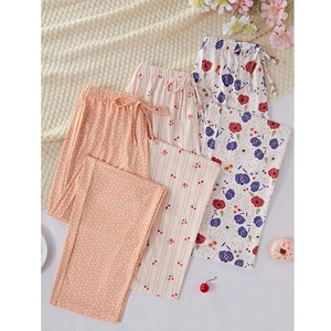 Three-piece women floral pajama pants set with elastic waist in polka dot and flower prints