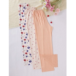 Three-piece set of floral pajama pants with elastic waist and various sweet prints