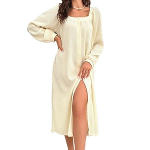 Minimalist square neck long sleeve nightdress in cream crinkle fabric with front slit