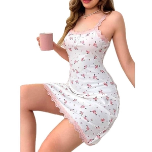 Slim fit floral lace slip dress for women with pink flower print and ribbed texture