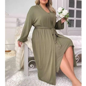 Olivgrünes Plus-Size Schlafanzug-Set mit Langarm-Bademantel und passendem Innenkleid