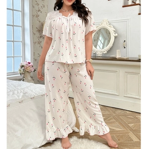 Women's two-piece floral pajama set with lace neckline and red tulip print pattern