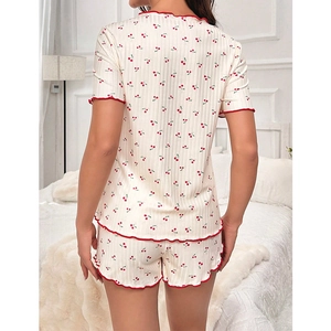 Short sleeve cherry print nursing pajamas with red lettuce-edge trim for women