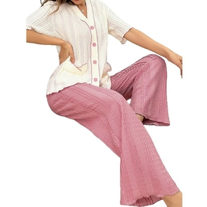 Women's V-neck short sleeve loungewear set with pink piping and pleated texture fabric