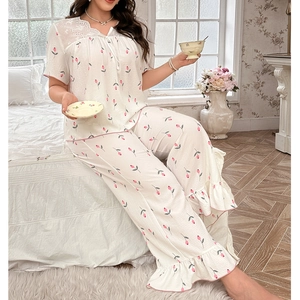Women's floral pajama set with lace V-neck, short sleeve top and ruffled hem pants