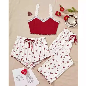 Pyjama 3 pièces pour femme avec caraco en dentelle et pantalon à fleurs bordeaux