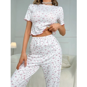 Women's floral short sleeve pajama set with ribbed texture and lace collar detail
