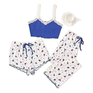 Ensemble de pyjama 3 pièces bleu floral pour femme avec caraco, short et pantalon long