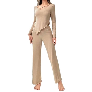 Women's two-piece V-neck lounge set with irregular hem and flared pants in khaki