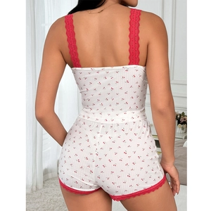 Two-piece white ribbed loungewear set with red cherry print and delicate lace trim