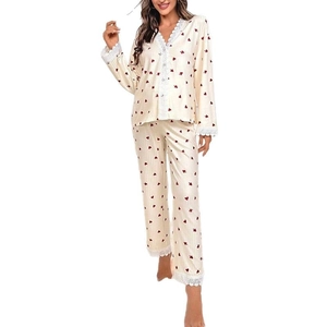 Women's maternity pajamas set with heart print, lace trim top and long pants in cream