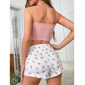 Pink rib-knit camisole and floral shorts pajama set for women in a two-piece lounge style